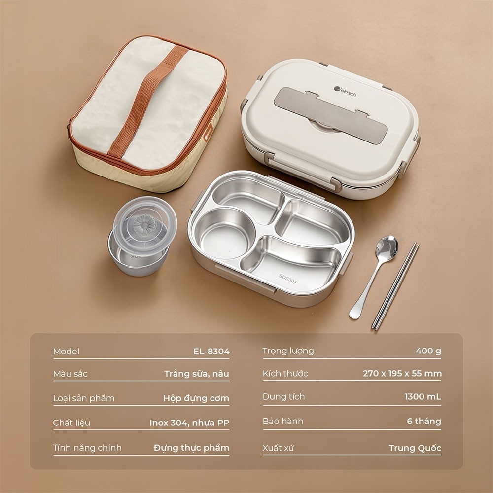 Hộp cơm inox 304 Elmich EL8304 dung tích 1.3L, Hàng chính hãng, thiết kế nhiều ngăn, có quai xách đi kèm - JoyMall