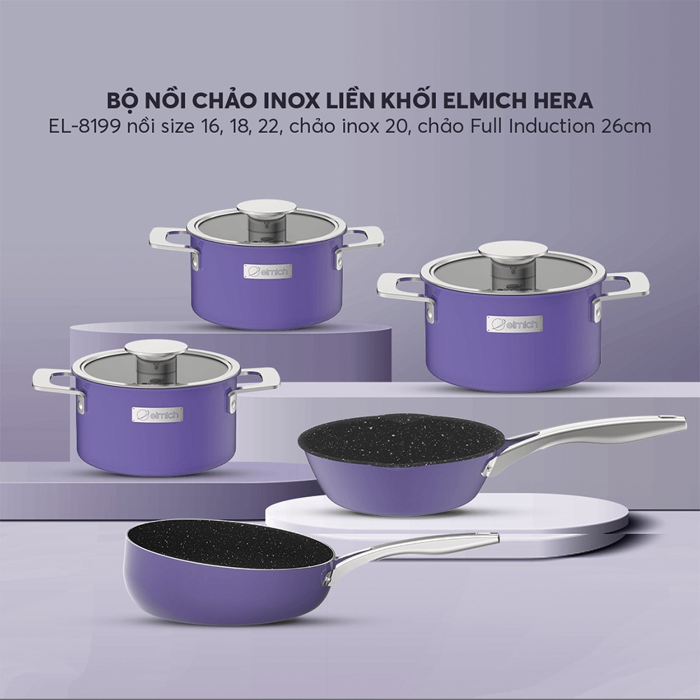 Bộ nồi Inox liền khối Elmich Hera EL-8199, EL-8198, EL-9196 16,18,22cm, chảo inox 20, 24, 26cm, Hàng chính hãng- JoyMall