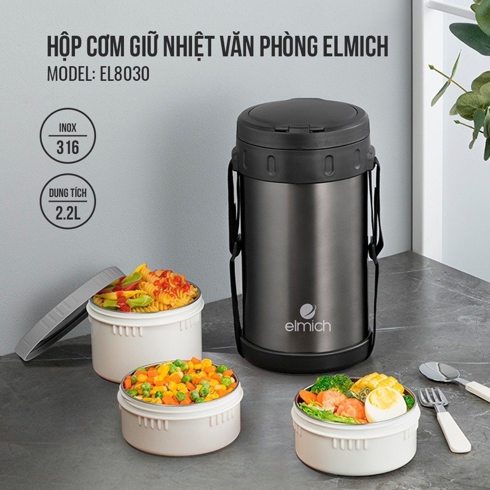 Hộp cơm inox giữ nhiệt văn phòng Elmich EL-8030, Hàng chính hãng, Dung tích 2.2 lít, kèm bộ muỗng dĩa - JoyMall