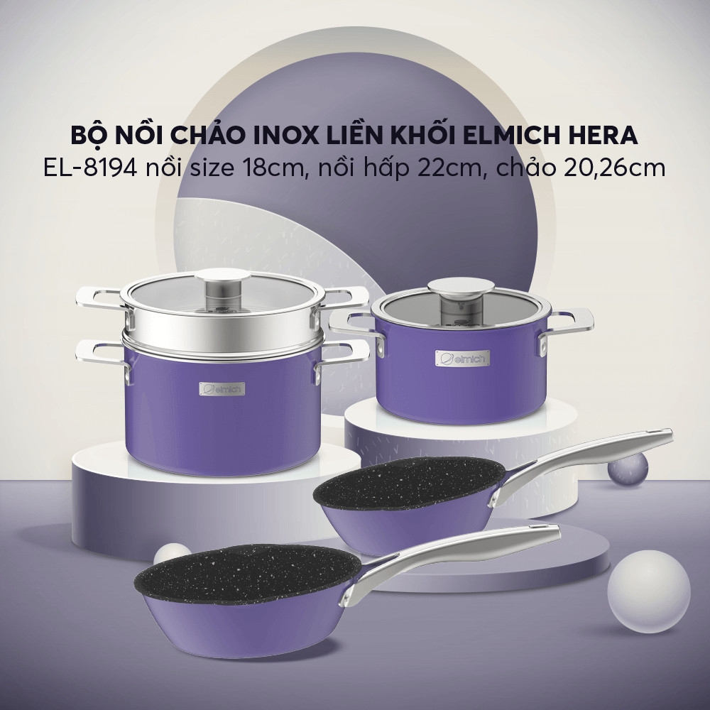 Bộ nồi Inox liền khối Elmich Hera EL-8234 EL-8194 18cm, nồi hấp 22 chảo 20 và chảo 26cm, Hàng chính hãng - JoyMall