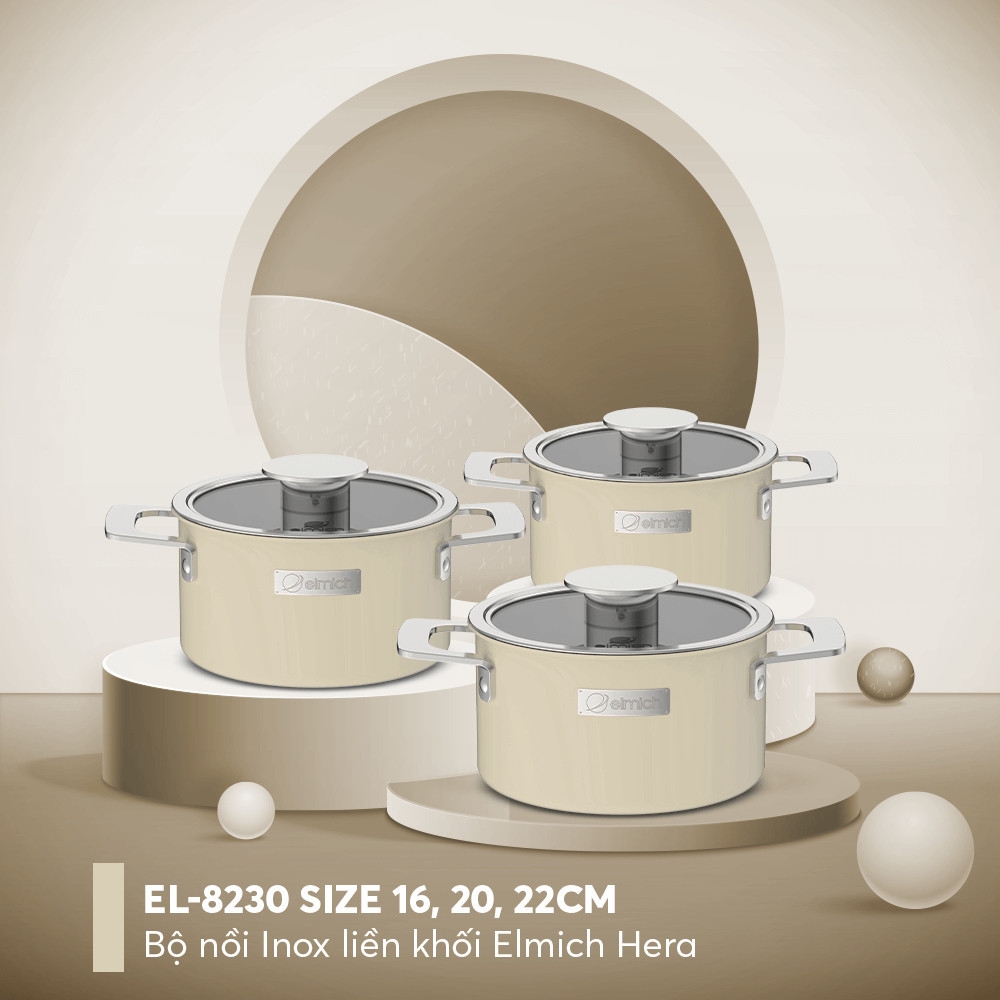 Bộ nồi Inox liền khối Elmich Hera EL-8230/EL-8190 size 16, 20, 22cm - Hàng chính hãng, lỗ thoát hơi to - JoyMall
