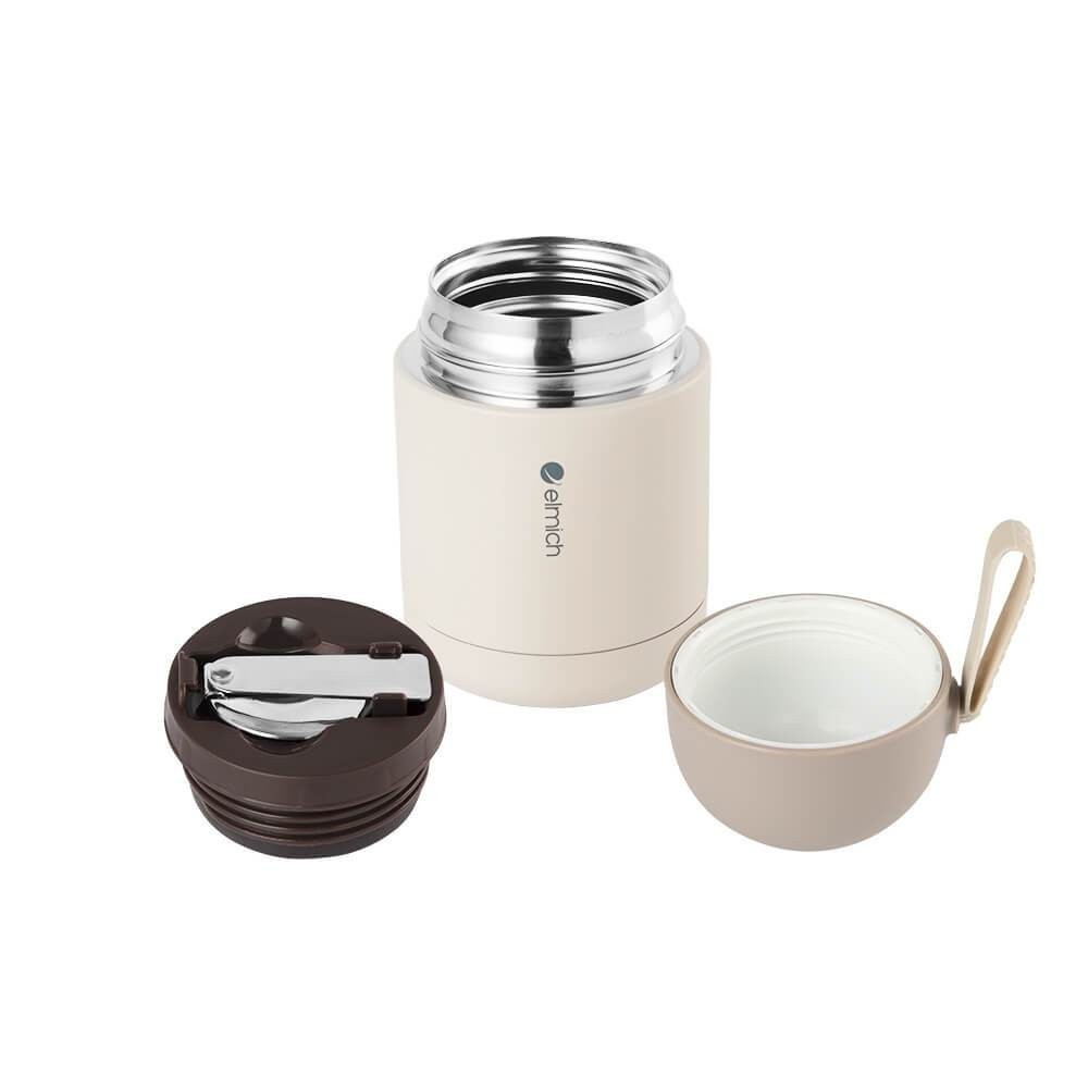 Bình đựng thức ăn giữ nhiệt inox 304 Elmich EL8301 450ml,Hàng chính hãng, nắp phụ đi kèm thìa, dây xách silicone JoyMall