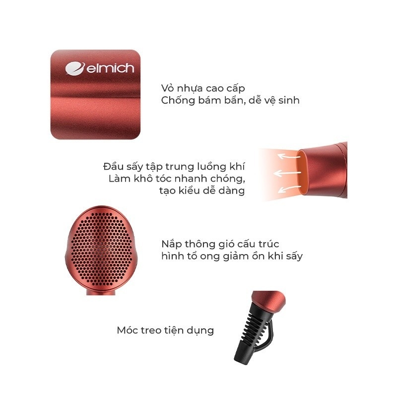 Máy sấy tóc Elmich HDE-1810OL, Hàng chính hãng, 3 Chế độ điều chỉnh nhiệt, Thiết kế giảm tiếng ồn, Sấy nhanh - JoyMall