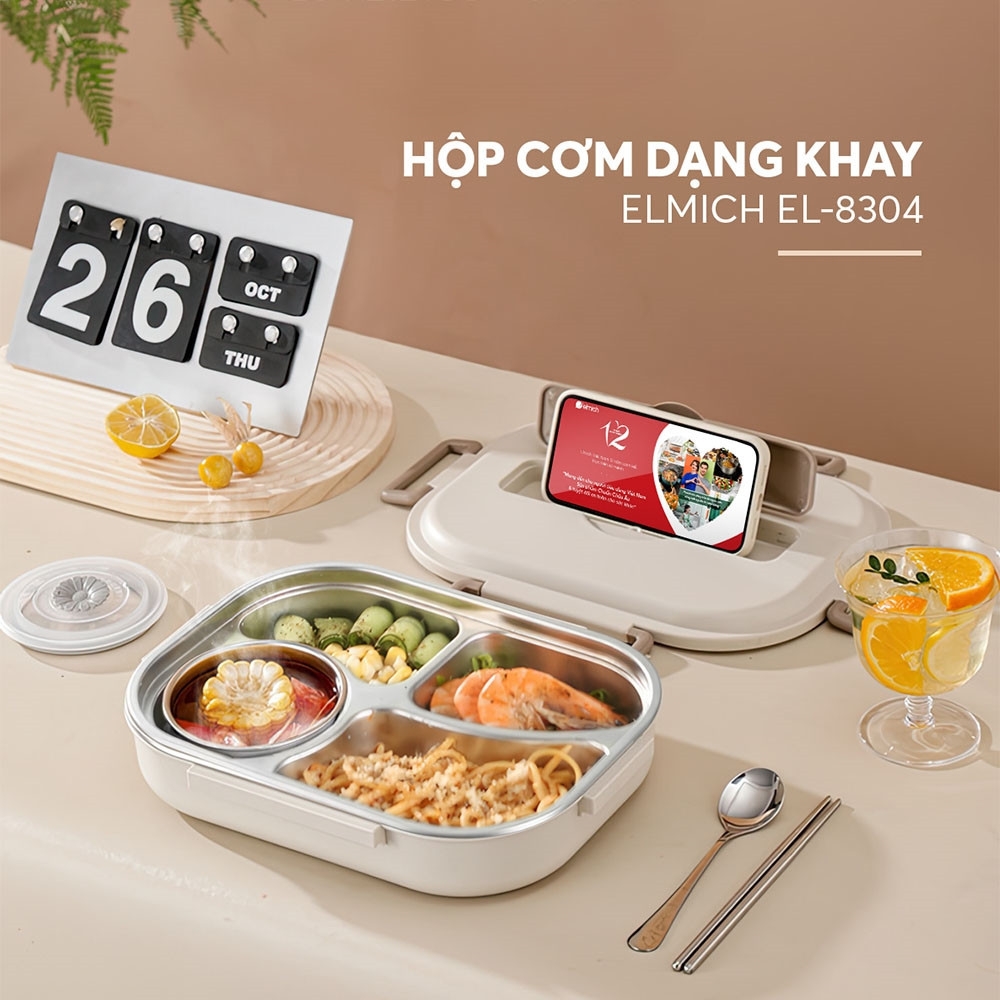 Hộp cơm inox 304 Elmich EL8304 dung tích 1.3L, Hàng chính hãng, thiết kế nhiều ngăn, có quai xách đi kèm - JoyMall