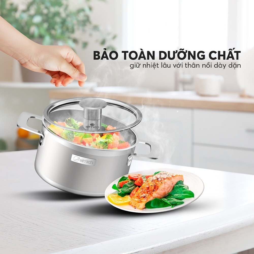 Nồi Inox dập nguyên khối Elmich Hera EL-2130OL, Hàng chính hãng, bắt từ trên mọi loại bếp, lỗ thoát hơi to - JoyMall