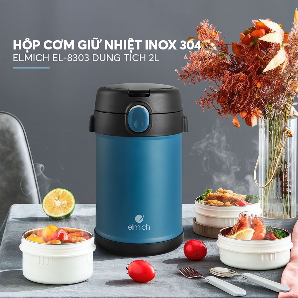 Hộp cơm giữ nhiệt inox 304 Elmich EL8303 dung tích 2L, Hàng chính hãng, có túi đựng, có 1 nắp tích hợp thoát hơi-JoyMall