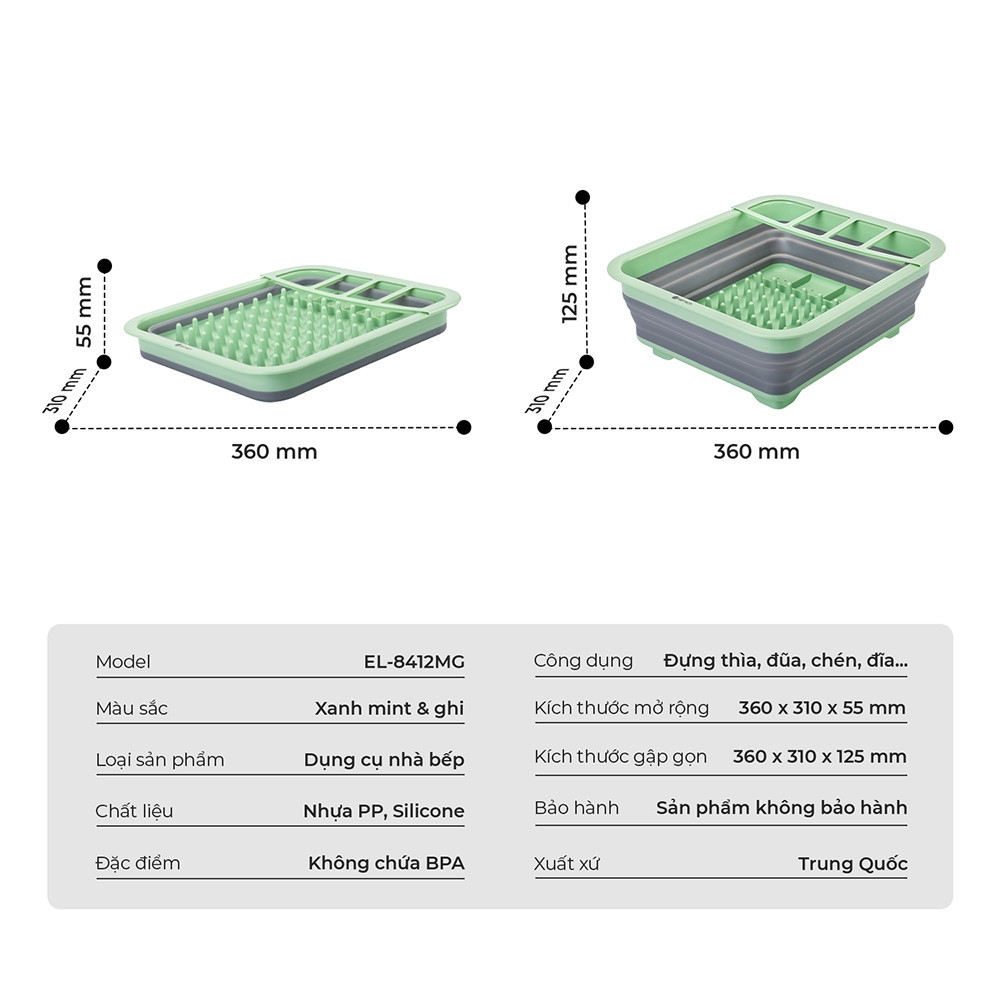 Rổ đựng chén đĩa gấp gọn Elmich EL8412, Hàng chính hãng, chất liệu nhưạ PP, có nhiều ngăn, nhanh ráo nước - JoyMall