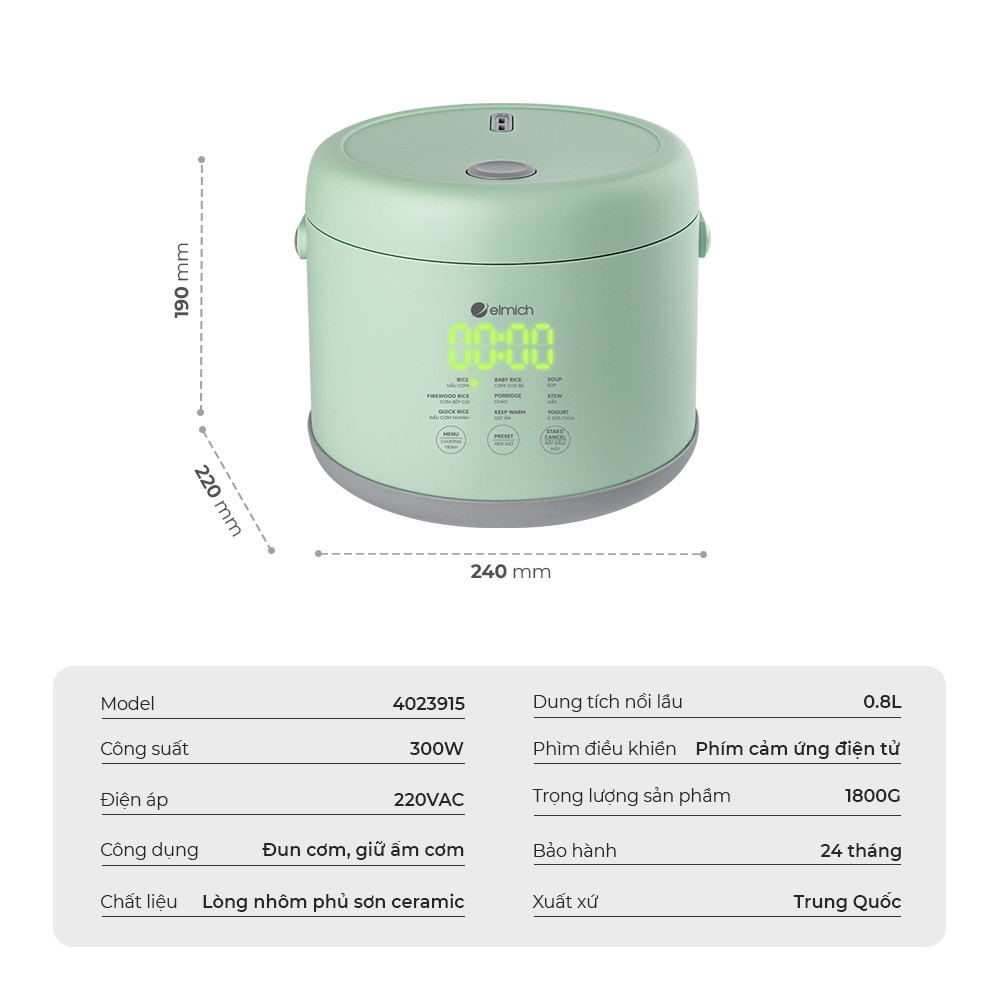 Nồi cơm điện tử Elmich 0.8L RCE-3915, Hàng chính hãng, đa năng 9 trong 1, gia nhiệt đều - JoyMall
