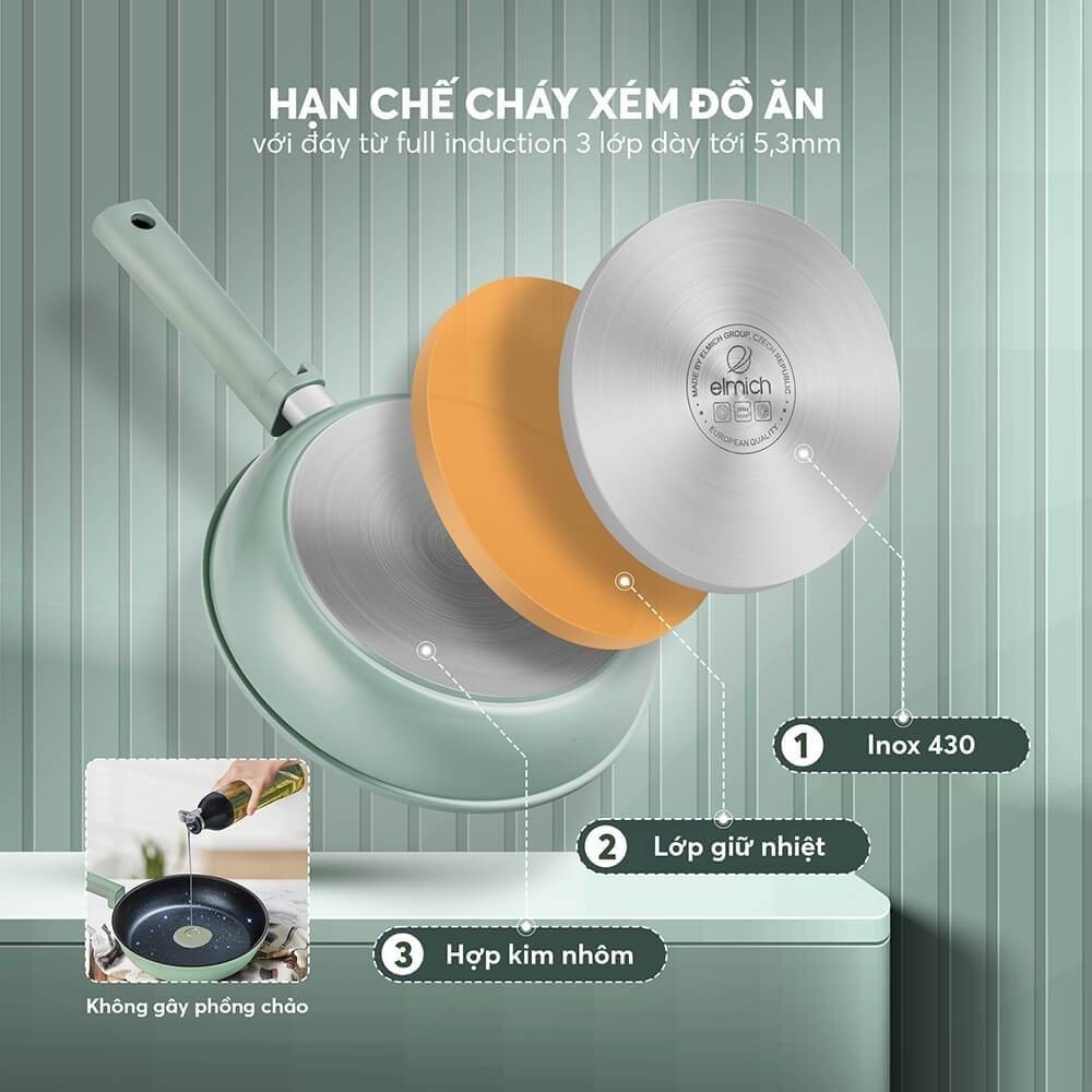 Chảo chống dính siêu bền 20,24,26,28cm Elmich Hera II EL-5941, Hàng chính hãng, Dùng được các loại bếp, 3 lớp - JoyMall