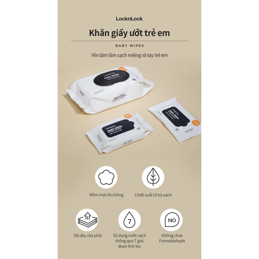Khăn giấy ướt trẻ em Lock&Lock 80 miếng ETM245, Hàng chính hãng, Lọc 7 tầng, dưỡng ẩm, an toàn cho da nhạy cảm - JoyMall