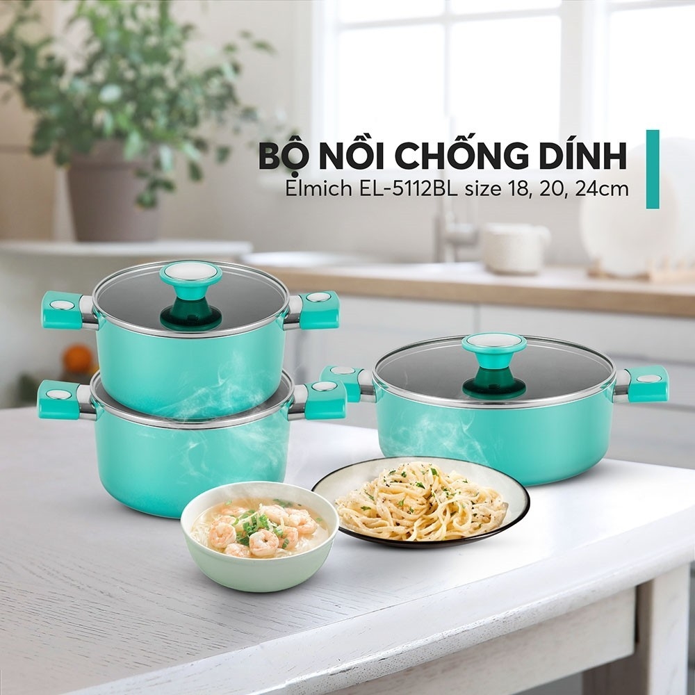 Bộ nồi  chống dính vân đá ánh kim siêu bền Elmich EL-5112BL size 18,20,24cm