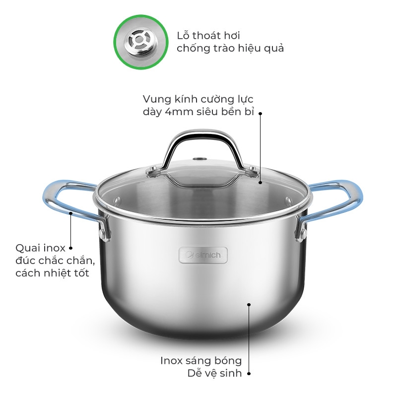 Bộ nồi inox 304 3 lớp đáy liền nắp kiếng Elmich Trimax Czech EL-3833
