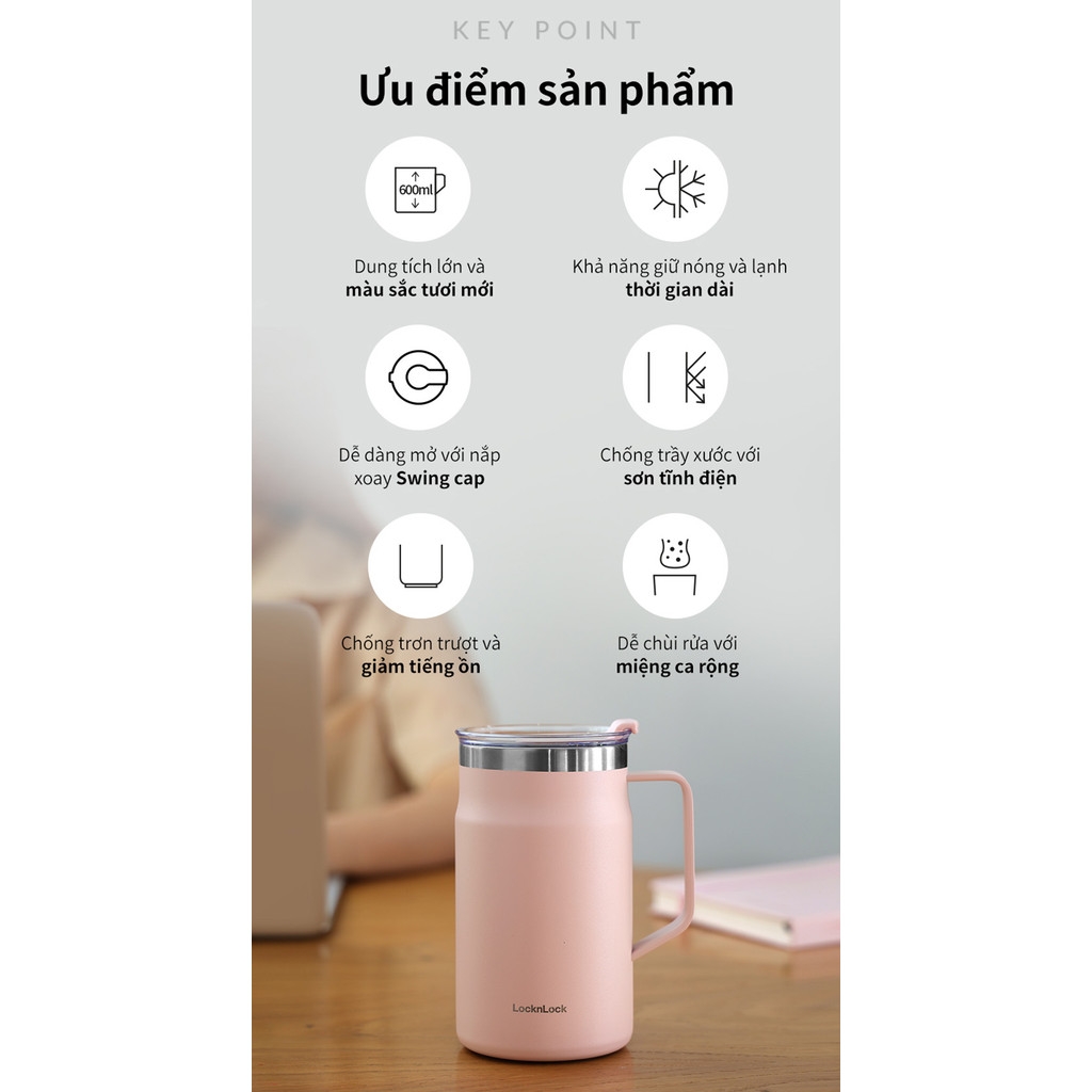 Ly giữ nhiệt LocknLock Metro Table Mug 600ml LHC4282, Hàng chính hãng, nắp xoay, quai cầm tiện lợi - JoyMall