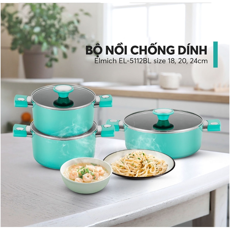 Bộ nồi  chống dính vân đá ánh kim siêu bền Elmich EL-5112BL size 18,20,24cm