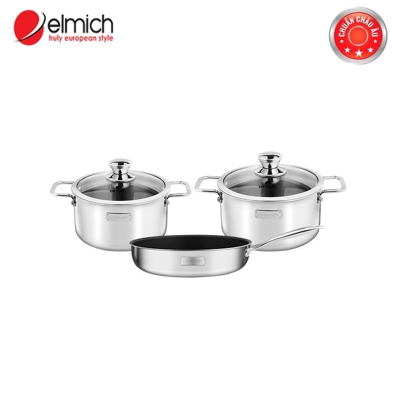 Bộ nồi chảo Inox 304 cao cấp 3 đáy liền nguyên khối Elmich Trimax Classic EL-2113OL Size 18, 20 chảo
