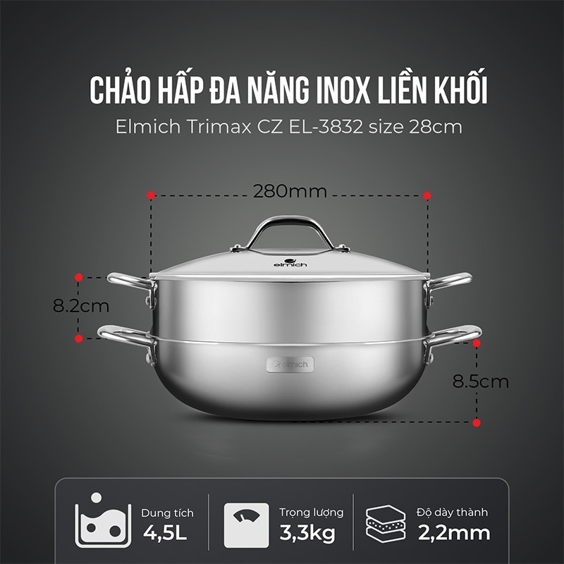 Chảo hấp đa năng  Inox liền khối Elmich Trimax Czech EL-3832 size 28cm