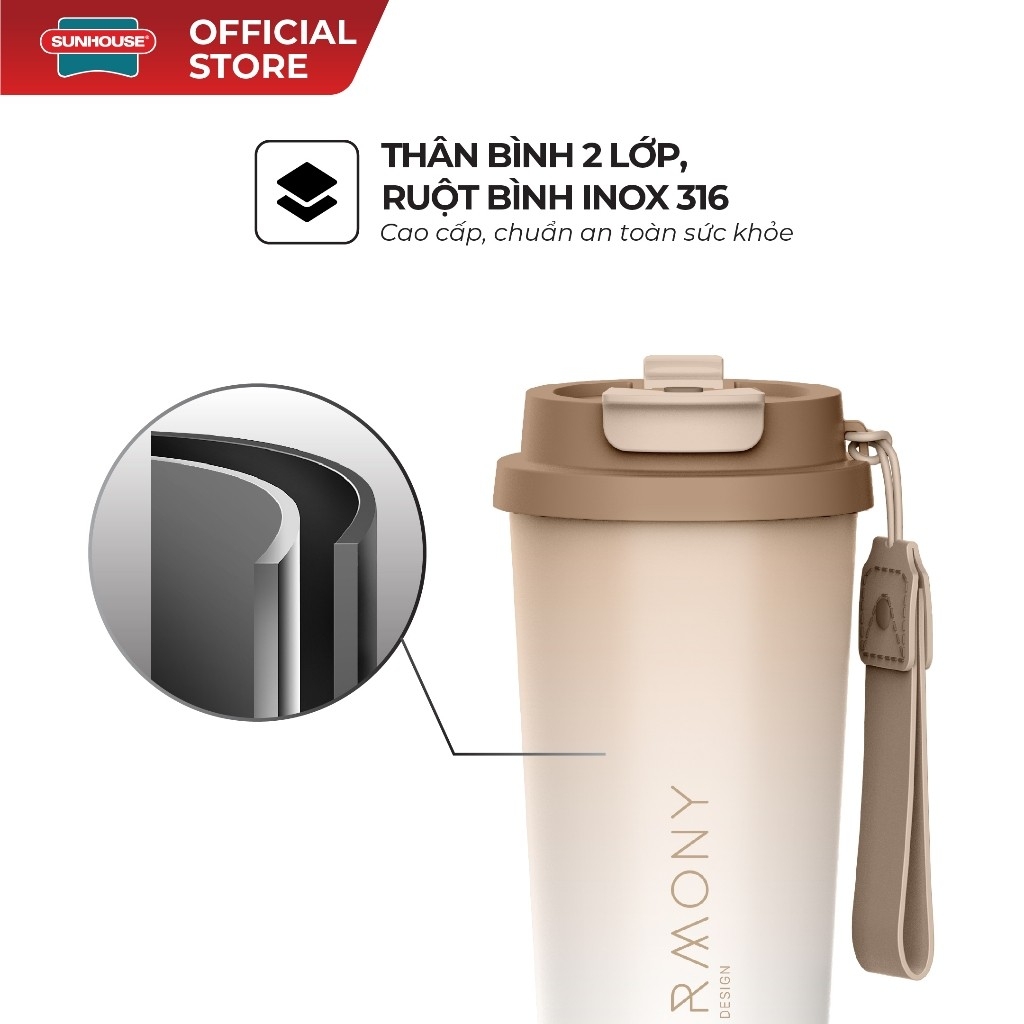 Bình Giữ Nhiệt Sunhouse KS-TU500 500ml, Hàng Chính Hãng, Inox 316, Giữ Nhiệt Nóng Lạnh - JoyMall