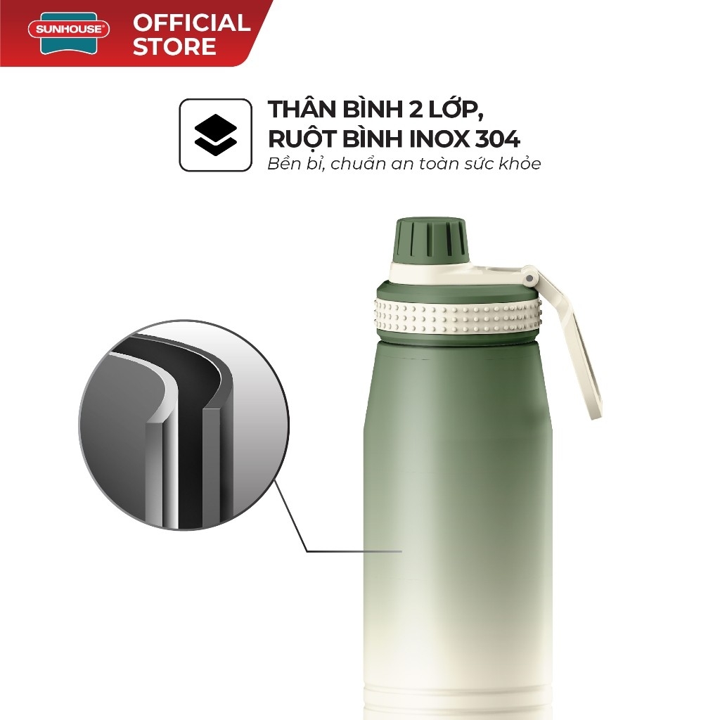BÌnh Giữ Nhiệt Sunhouse KS-TU900IG, KS-TU900IP 900ml, Hàng Chính Hãng, Inox 304 - JoyMall