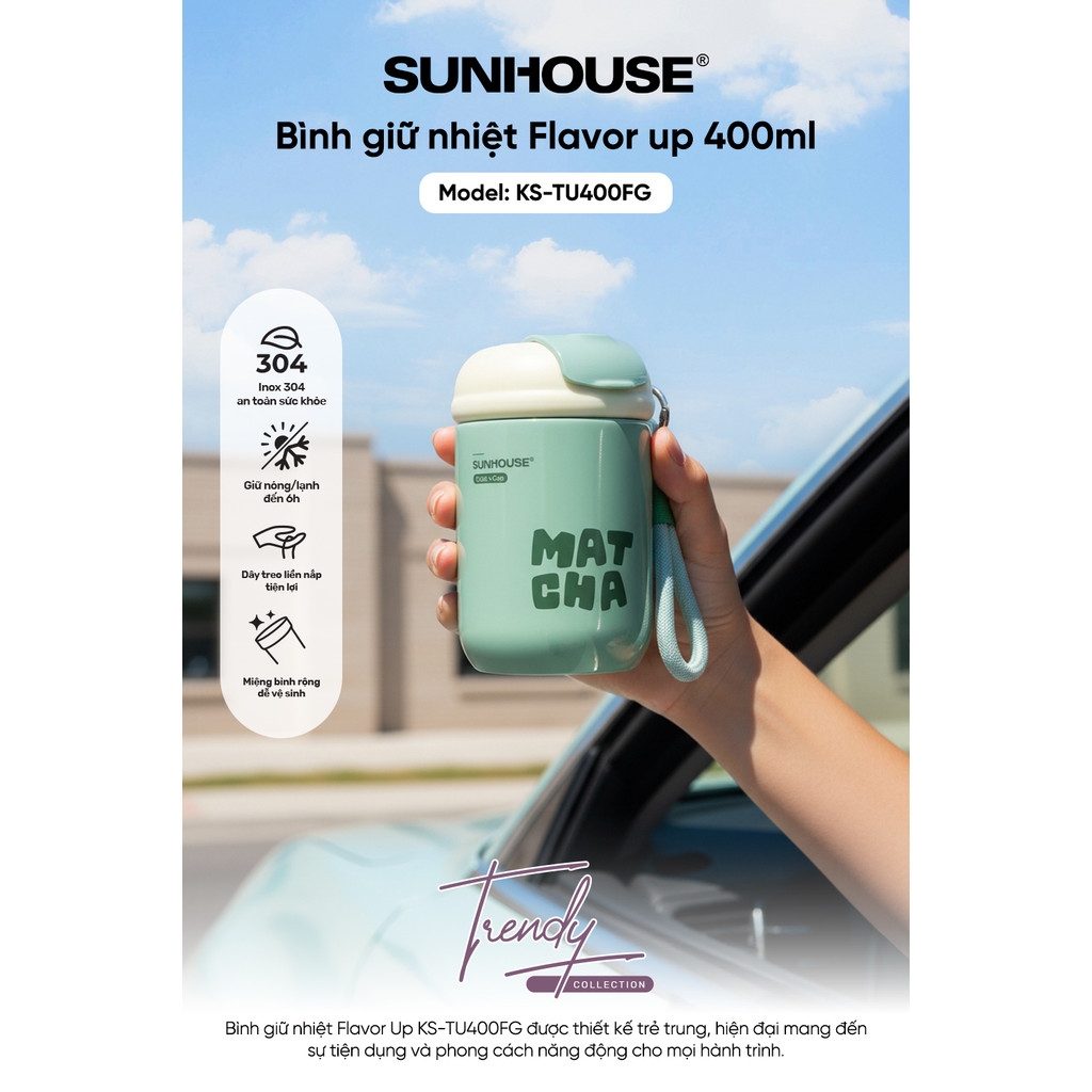 Bình Giữ Nhiệt Sunhouse KS-TU400FG 400ml, Hàng Chính Hãng, Inox 304, Nắp Bật Tiện Lợi - JoyMall