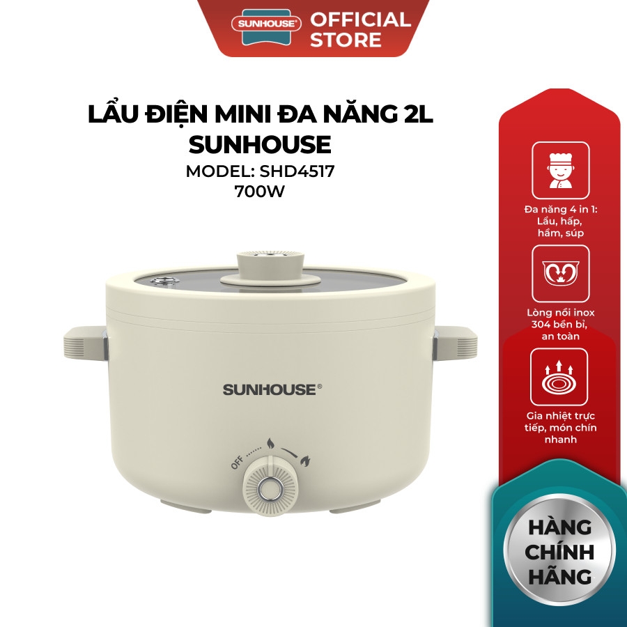 Lẩu Điện Mini Đa Năng Sunhouse 1,6L SHD4516, 2L SHD4517, Lòng Nồi Inox 304, Hàng Chính Hãng - JoyMall