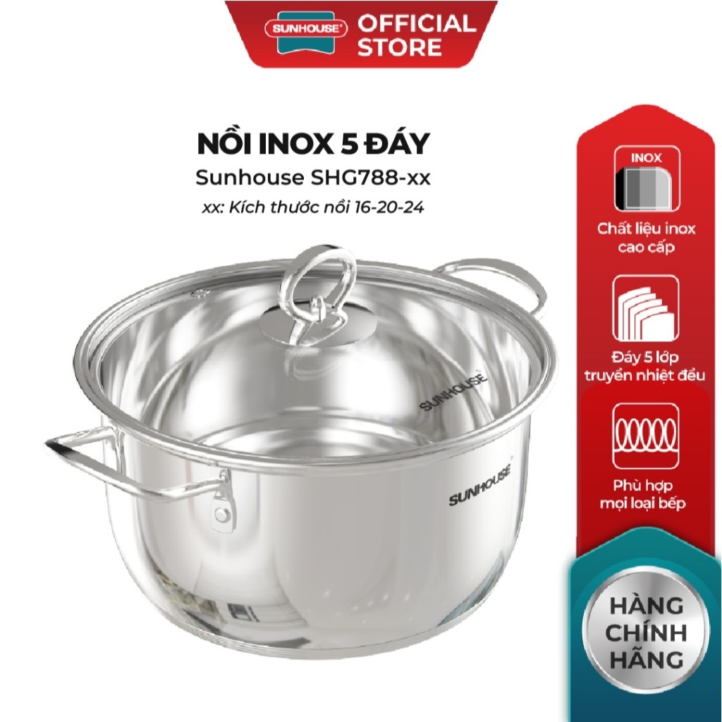Nồi Inox 5 Đáy Sunhouse SHG788 -16/20/24 cm, Công Nghệ Impact Bonding, Dùng Mọi Loại Bếp - JoyMall