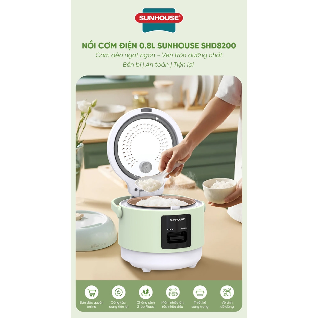 Nồi Cơm Điện Sunhouse SHD8200 0.8L, Giữ Ấm Tới 8 Tiếng - Chống Dính 2 Lớp, Hàng Chính Hãng - JoyMall