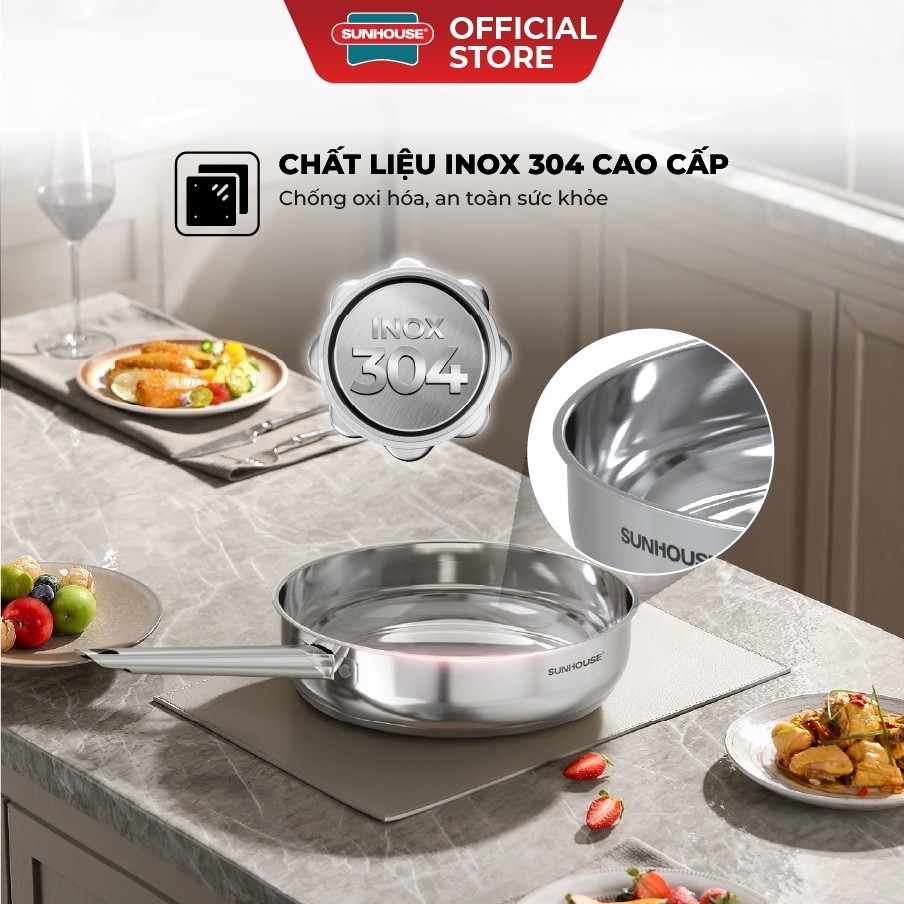 Chảo Inox 304 Cao Cấp Sunhouse Healthy IN16-20-24-26-28M9, Phù Hợp Mọi Loại Bếp, Inox Không Gỉ - JoyMall