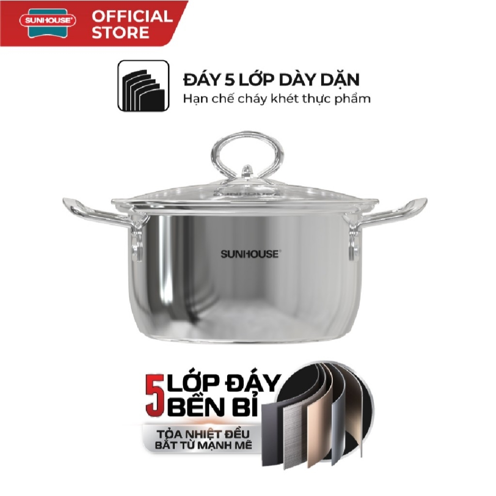 Nồi Inox 5 Đáy Sunhouse SHG788 -16/20/24 cm, Công Nghệ Impact Bonding, Dùng Mọi Loại Bếp - JoyMall