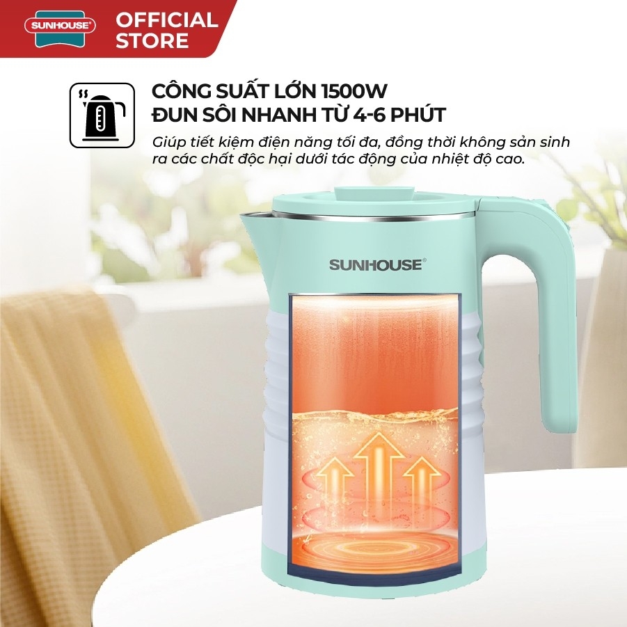 Ấm Siêu Tốc Sunhouse SHD1357 1.8L - 1500W, Bộ Điều Khiển Cao Cấp, Thân Ấm 2 Lớp Chống Bỏng - JoyMall