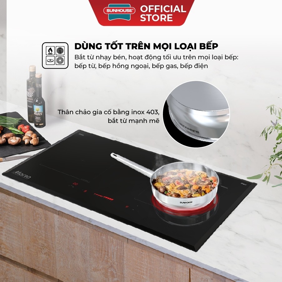 Chảo Inox 304 Cao Cấp Sunhouse Healthy IN16-20-24-26-28M9, Phù Hợp Mọi Loại Bếp, Inox Không Gỉ - JoyMall