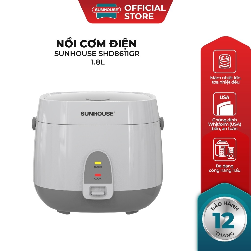 Nồi Cơm Điện Sunhouse SHD8611 1.8L, Hàng Chính hãng - JoyMall
