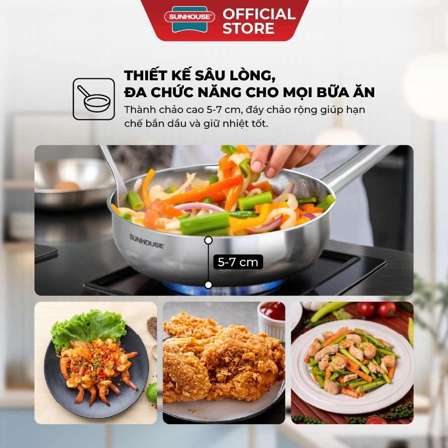 Chảo Inox 304 Cao Cấp Sunhouse Healthy IN16-20-24-26-28M9, Phù Hợp Mọi Loại Bếp, Inox Không Gỉ - JoyMall