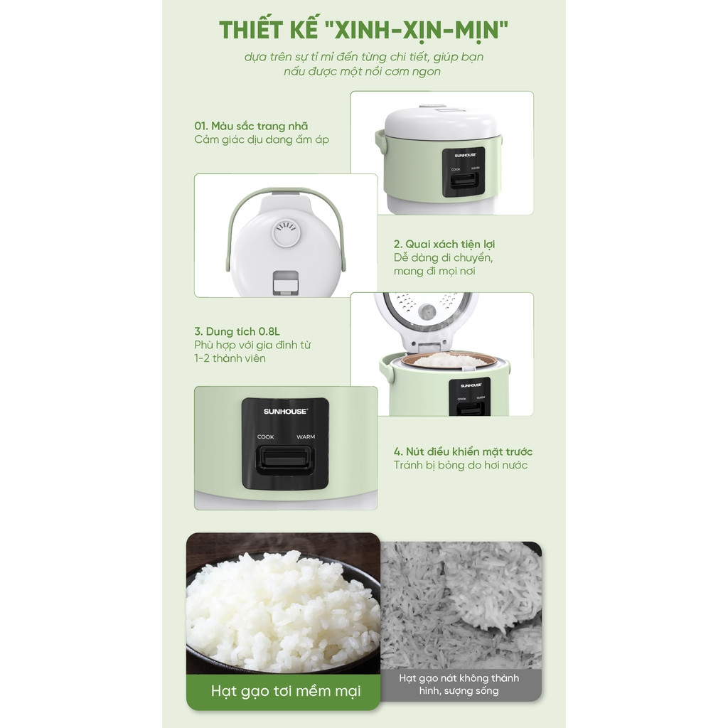 Nồi Cơm Điện Sunhouse SHD8200 0.8L, Giữ Ấm Tới 8 Tiếng - Chống Dính 2 Lớp, Hàng Chính Hãng - JoyMall