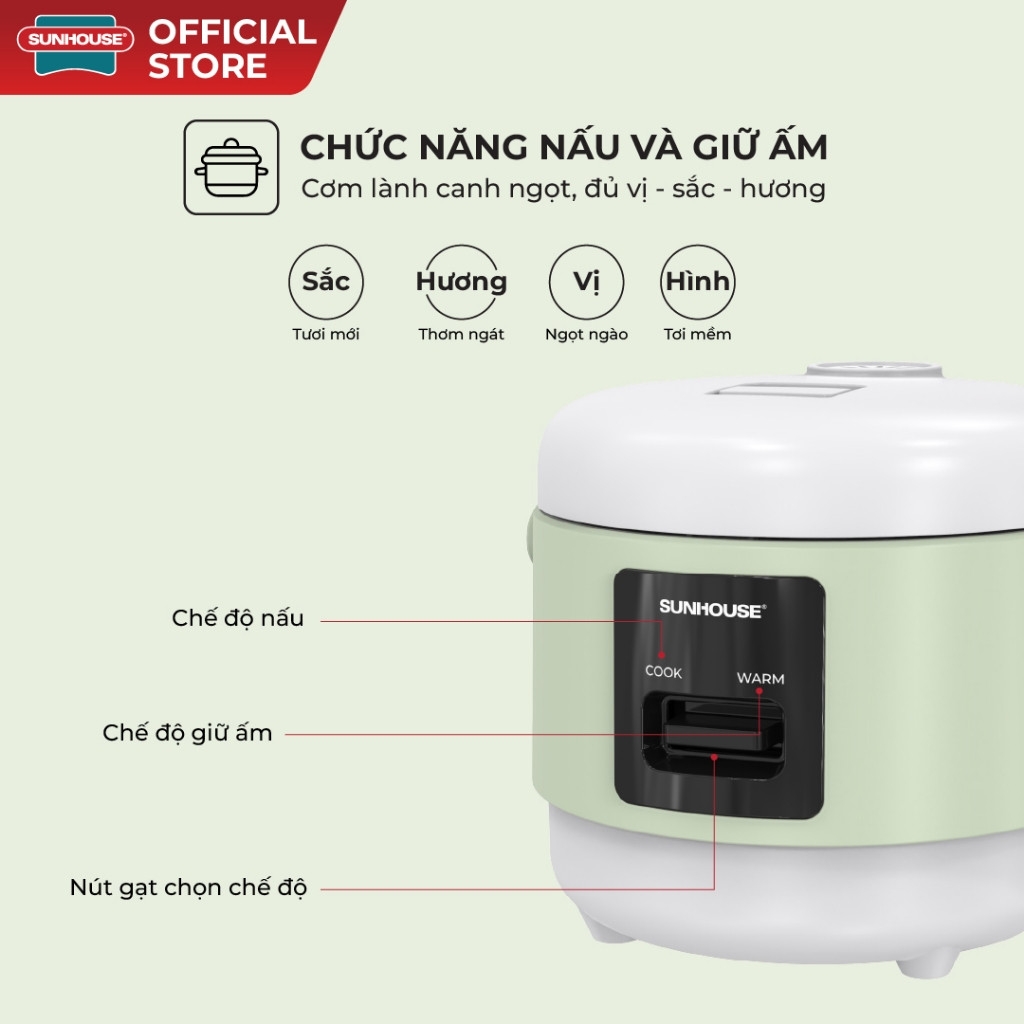 Nồi Cơm Điện Sunhouse SHD8200 0.8L, Giữ Ấm Tới 8 Tiếng - Chống Dính 2 Lớp, Hàng Chính Hãng - JoyMall