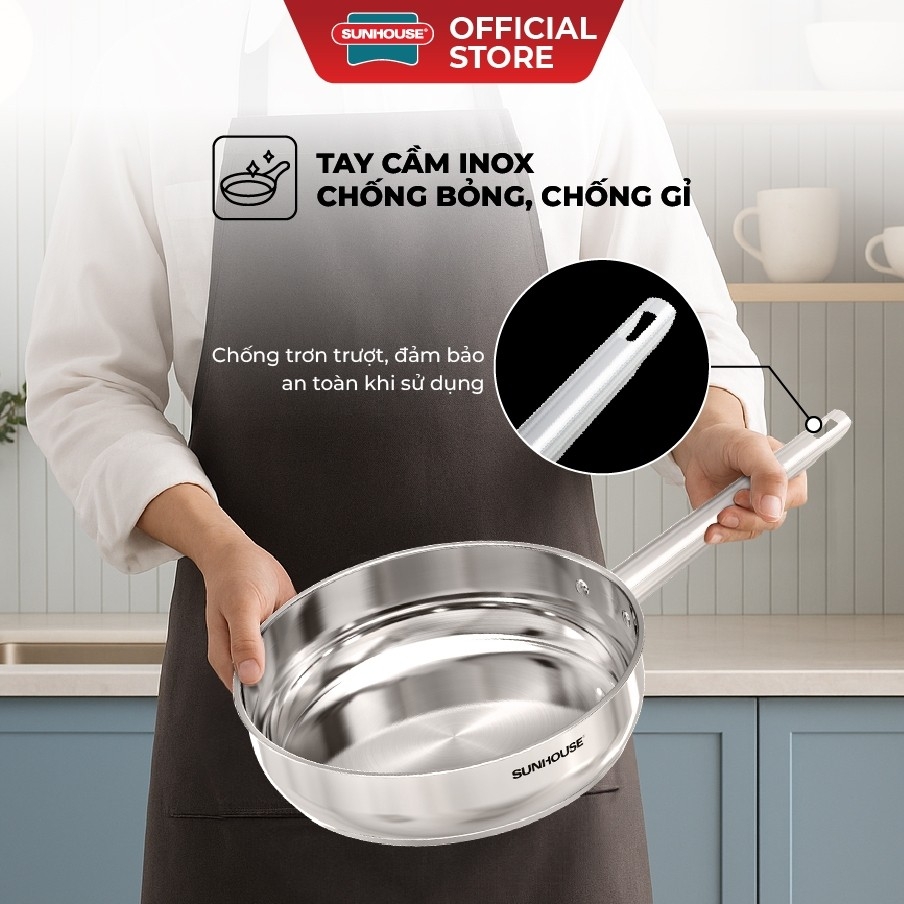 Chảo Inox 304 Cao Cấp Sunhouse Healthy IN16-20-24-26-28M9, Phù Hợp Mọi Loại Bếp, Inox Không Gỉ - JoyMall