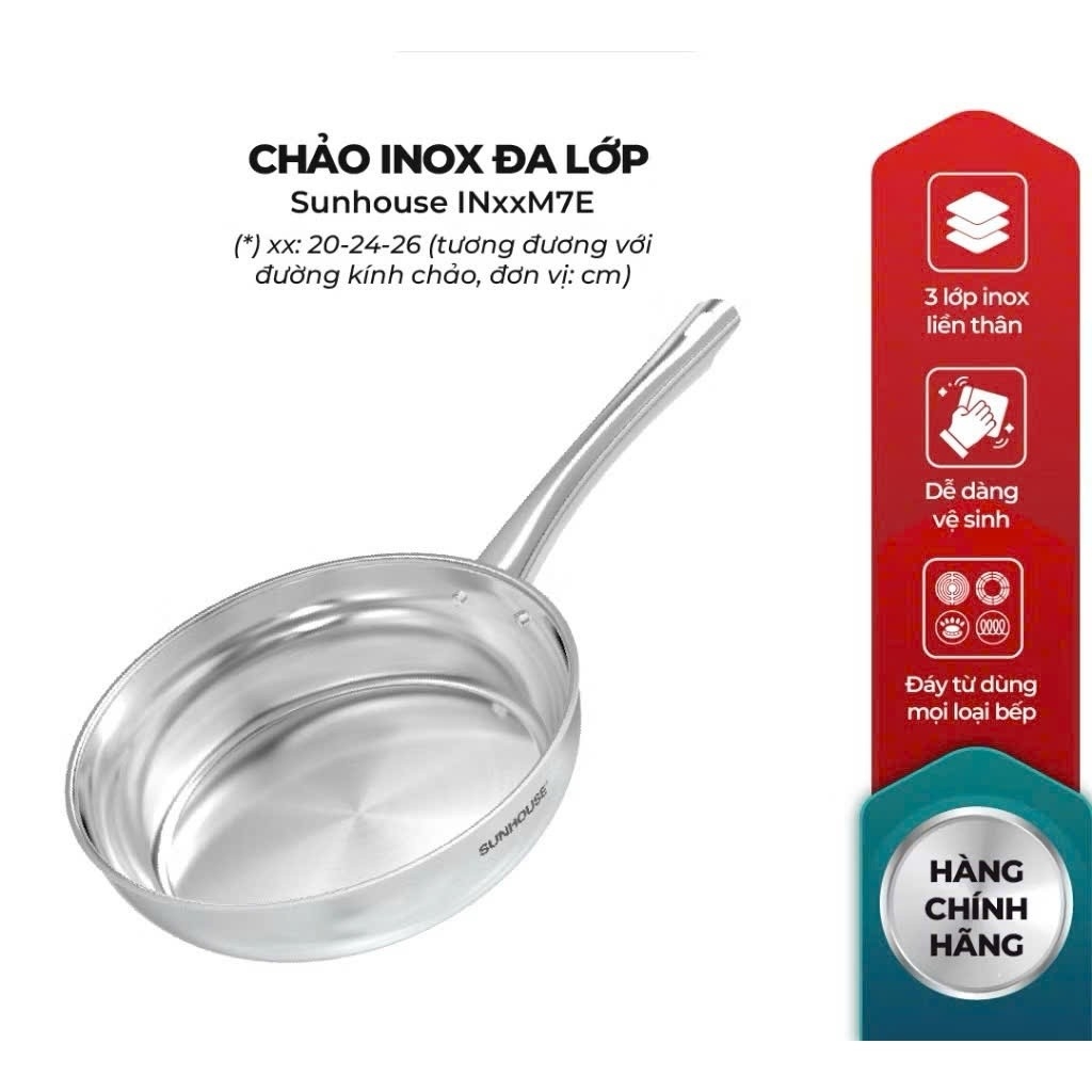 Chảo Inox 304 Đa Lớp Sunhouse IN20-24-26M7E, 3 Lớp Inox Liền Khối, Dùng Mọi Loại Bếp - JoyMall