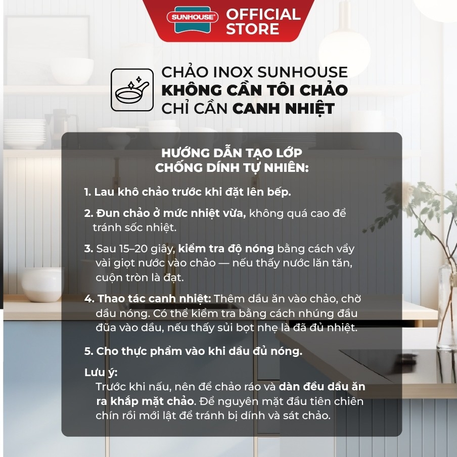 Chảo Inox 304 Cao Cấp Sunhouse Healthy IN16-20-24-26-28M9, Phù Hợp Mọi Loại Bếp, Inox Không Gỉ - JoyMall