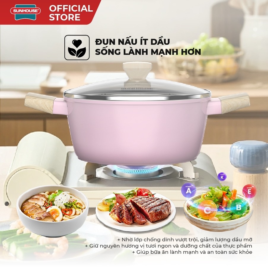 Nồi Phủ Sứ Nano Đáy Từ Sunhouse Healthy SHG7979MP-20-24, Chống Dính Nano Ceramic, Hàng Chính Hãng - JoyMall