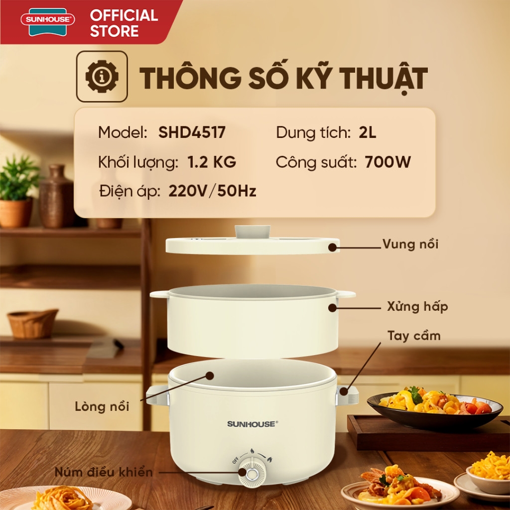 Lẩu Điện Mini Đa Năng Sunhouse 1,6L SHD4516, 2L SHD4517, Lòng Nồi Inox 304, Hàng Chính Hãng - JoyMall