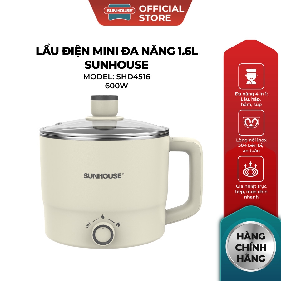 Lẩu Điện Mini Đa Năng Sunhouse 1,6L SHD4516, 2L SHD4517, Lòng Nồi Inox 304, Hàng Chính Hãng - JoyMall