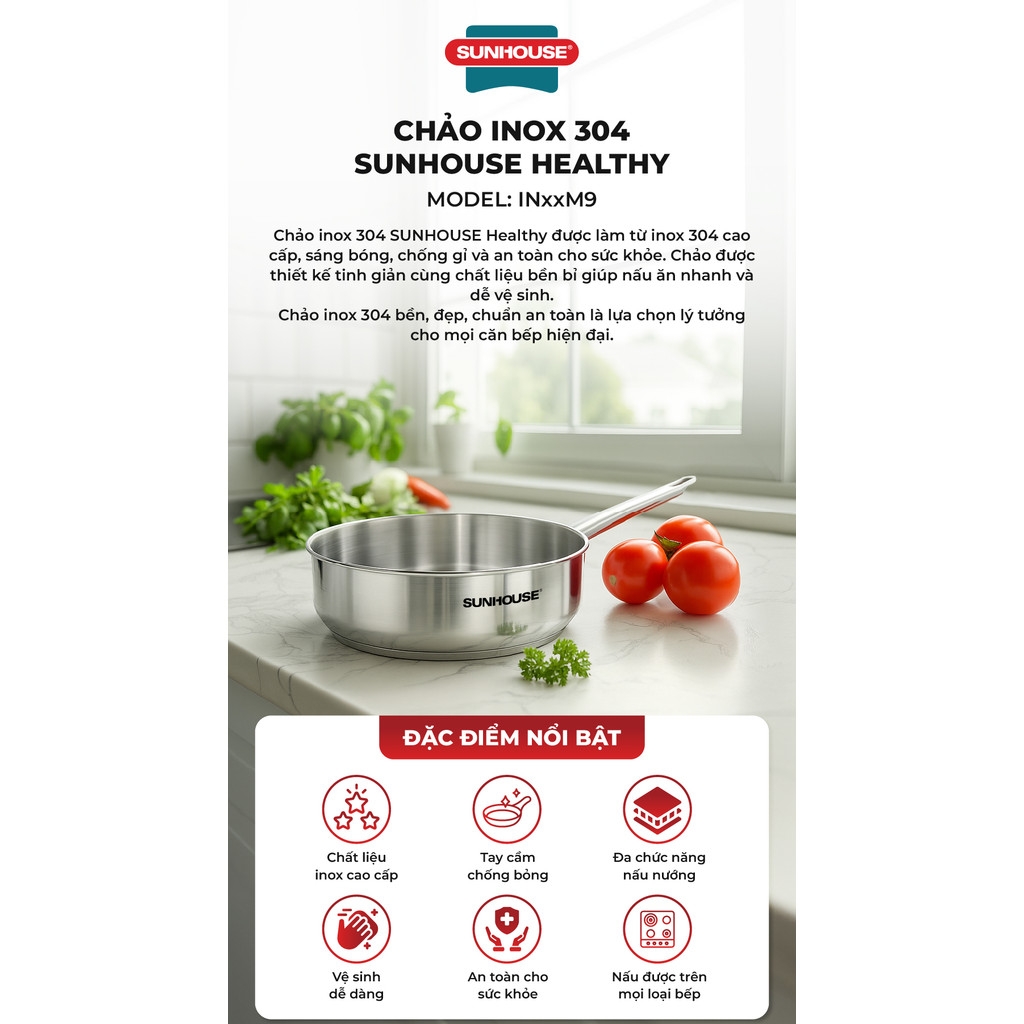 Chảo Inox 304 Cao Cấp Sunhouse Healthy IN16-20-24-26-28M9, Phù Hợp Mọi Loại Bếp, Inox Không Gỉ - JoyMall