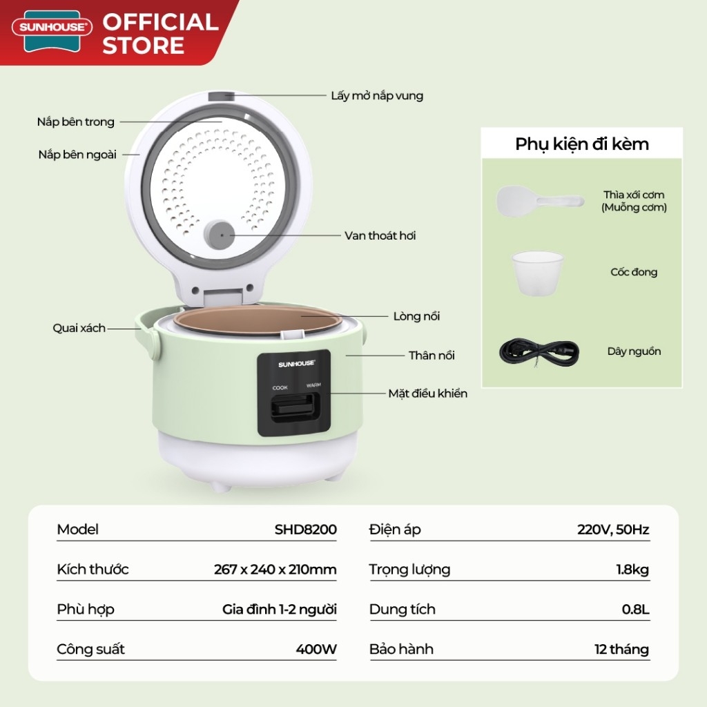 Nồi Cơm Điện Sunhouse SHD8200 0.8L, Giữ Ấm Tới 8 Tiếng - Chống Dính 2 Lớp, Hàng Chính Hãng - JoyMall