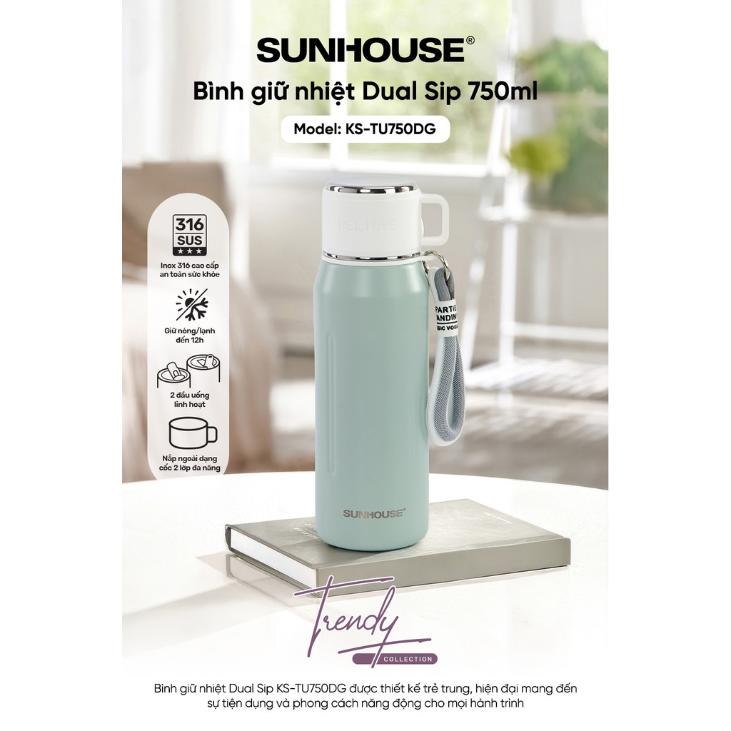 Bình Giữ Nhiệt Dual Sip 750ml Sunhouse KS-TU750DG, Inox 316 Cao Cấp, Hàng Chính Hãng - JoyMall