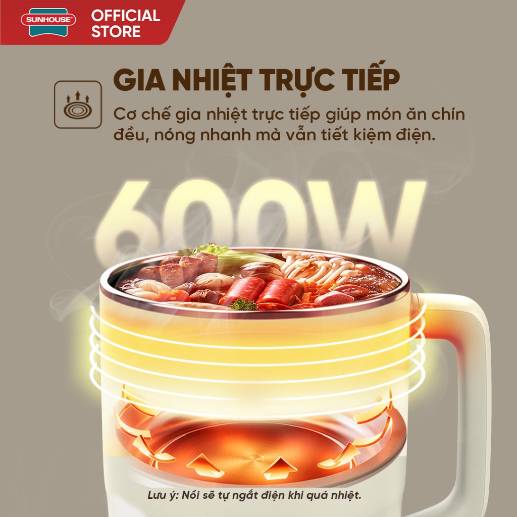 Lẩu Điện Mini Đa Năng Sunhouse 1,6L SHD4516, 2L SHD4517, Lòng Nồi Inox 304, Hàng Chính Hãng - JoyMall