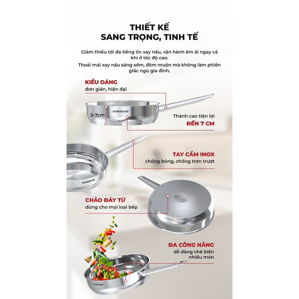 Chảo Inox 304 Cao Cấp Sunhouse Healthy IN16-20-24-26-28M9, Phù Hợp Mọi Loại Bếp, Inox Không Gỉ - JoyMall