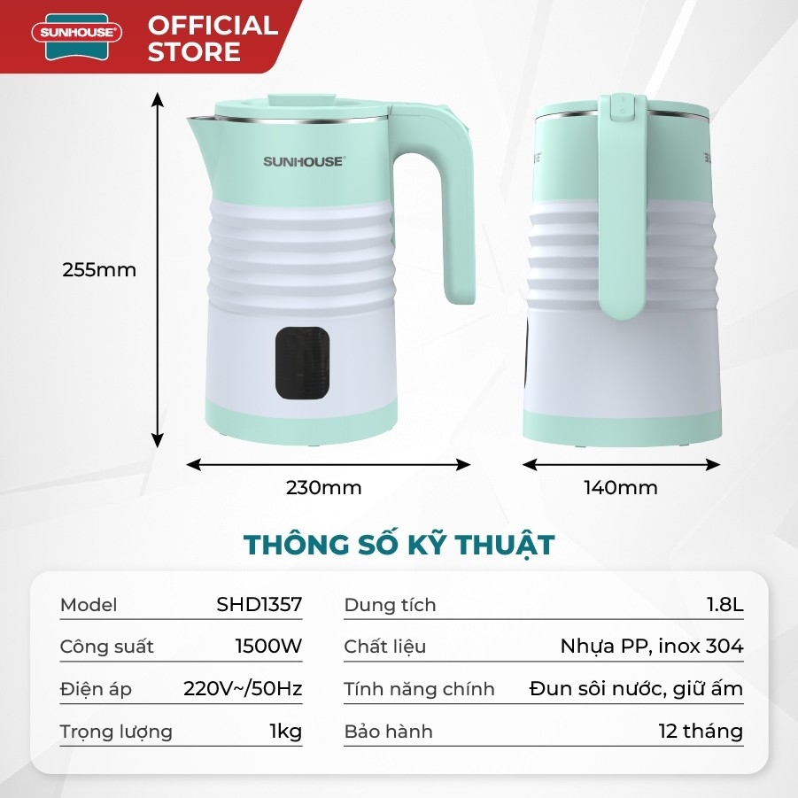 Ấm Siêu Tốc Sunhouse SHD1357 1.8L - 1500W, Bộ Điều Khiển Cao Cấp, Thân Ấm 2 Lớp Chống Bỏng - JoyMall