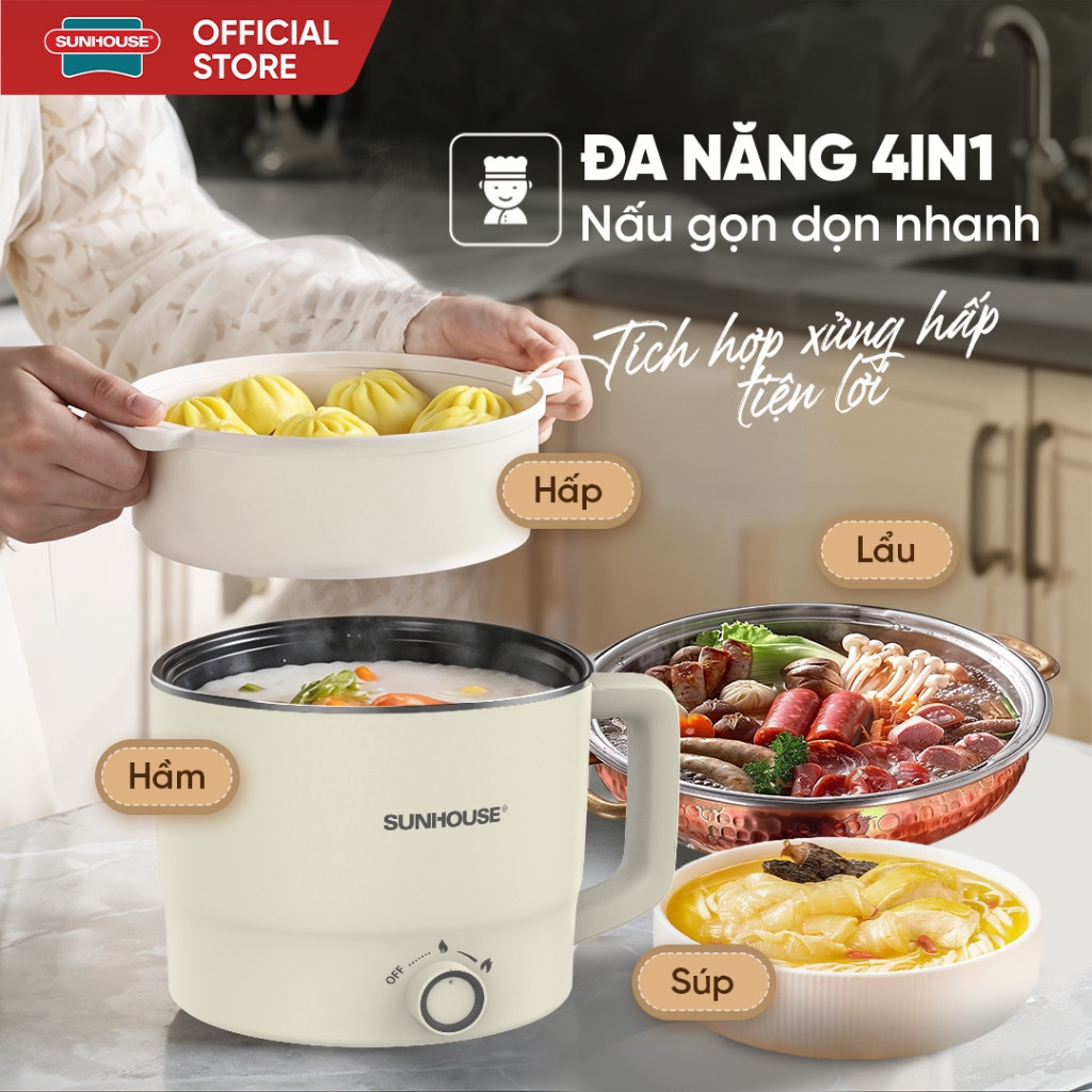 Lẩu Điện Mini Đa Năng Sunhouse 1,6L SHD4516, 2L SHD4517, Lòng Nồi Inox 304, Hàng Chính Hãng - JoyMall