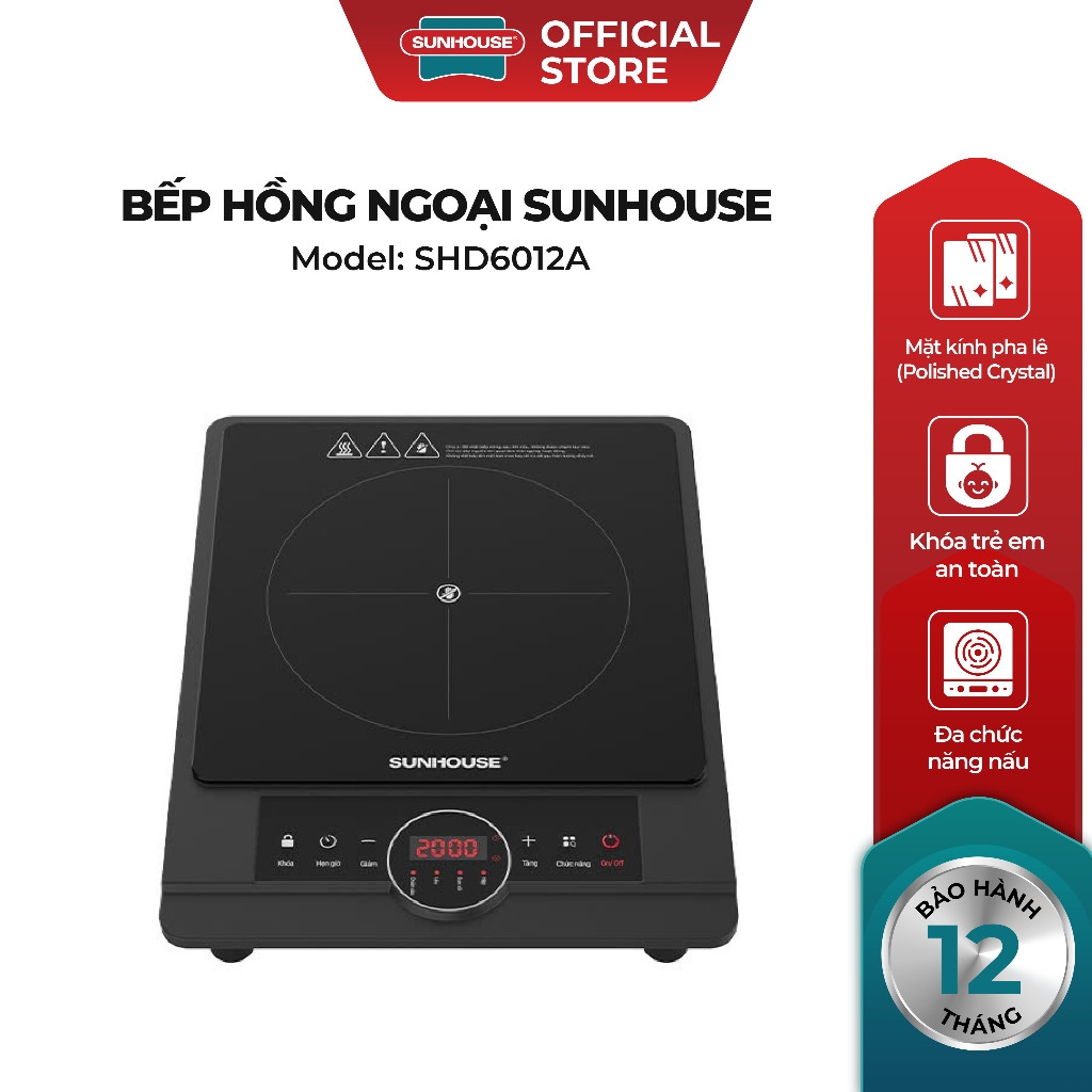 Bếp Hồng Ngoại Sunhouse SHD6012A 2000W, Mặt Kính Pha Lê, Chế Độ Hẹn Giờ - JoyMall