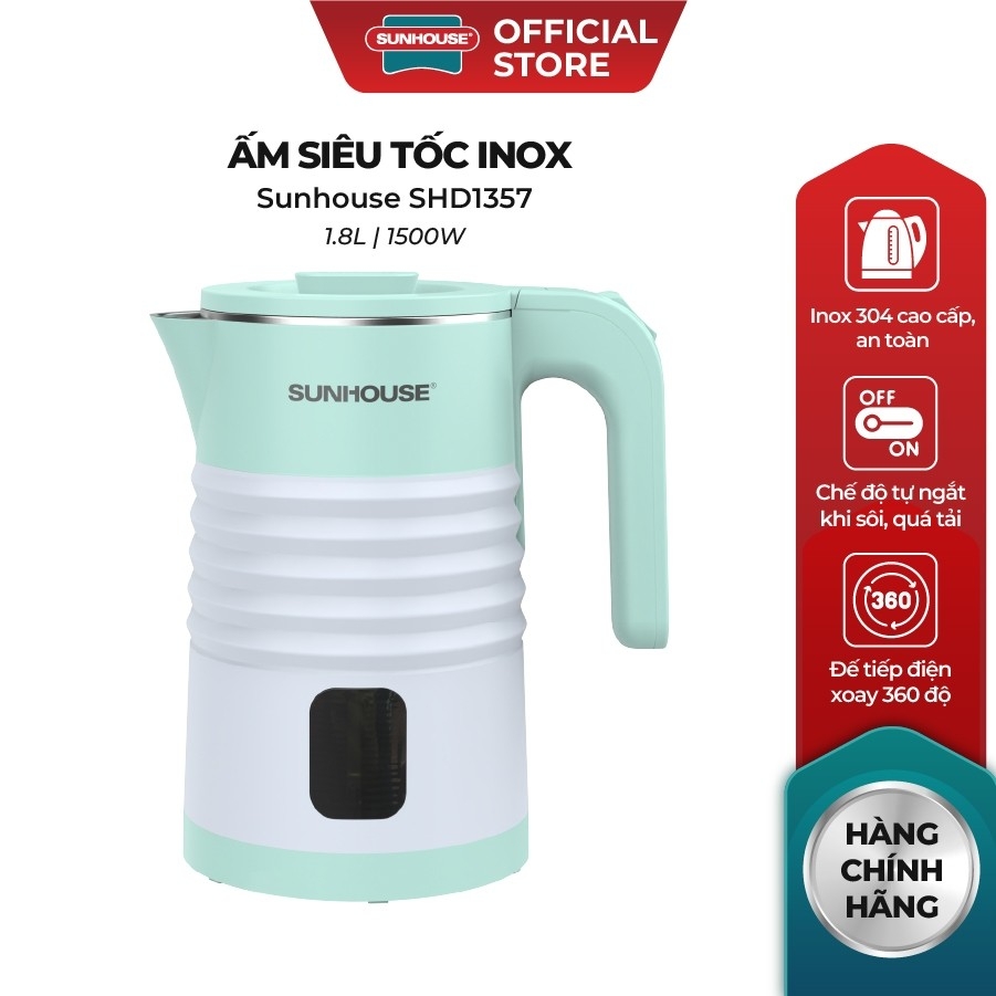 Ấm Siêu Tốc Sunhouse SHD1357 1.8L - 1500W, Bộ Điều Khiển Cao Cấp, Thân Ấm 2 Lớp Chống Bỏng - JoyMall