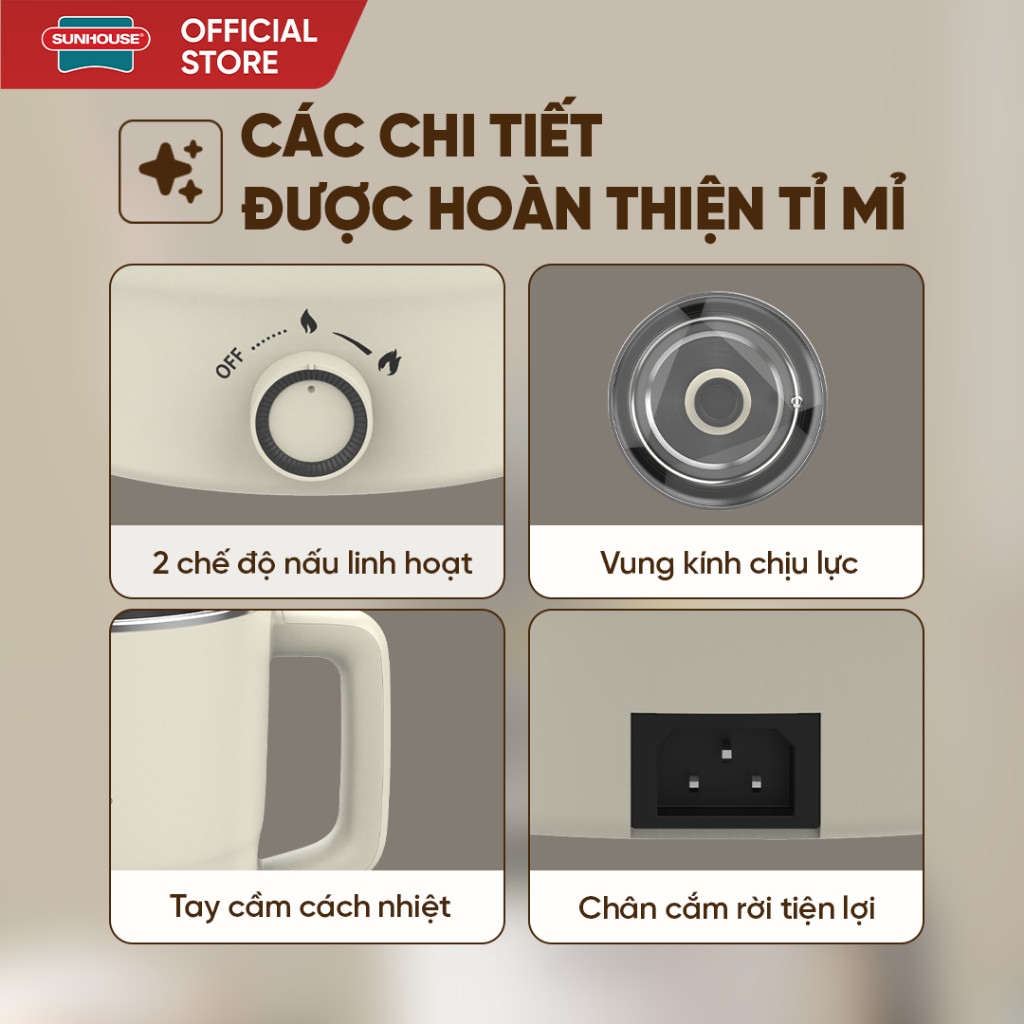 Lẩu Điện Mini Đa Năng Sunhouse 1,6L SHD4516, 2L SHD4517, Lòng Nồi Inox 304, Hàng Chính Hãng - JoyMall